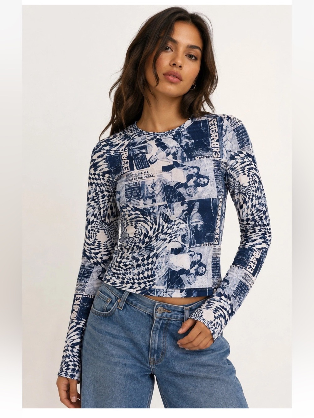 Kollyy Newspaper Print Crop Top y2k Stretchy Graphic Streetwear Medium